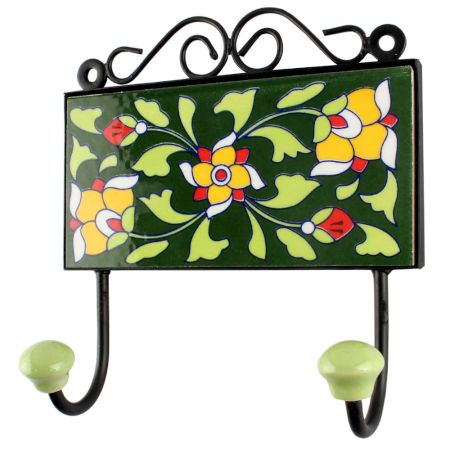 Forest Green Ceramic Floral Tile Hook